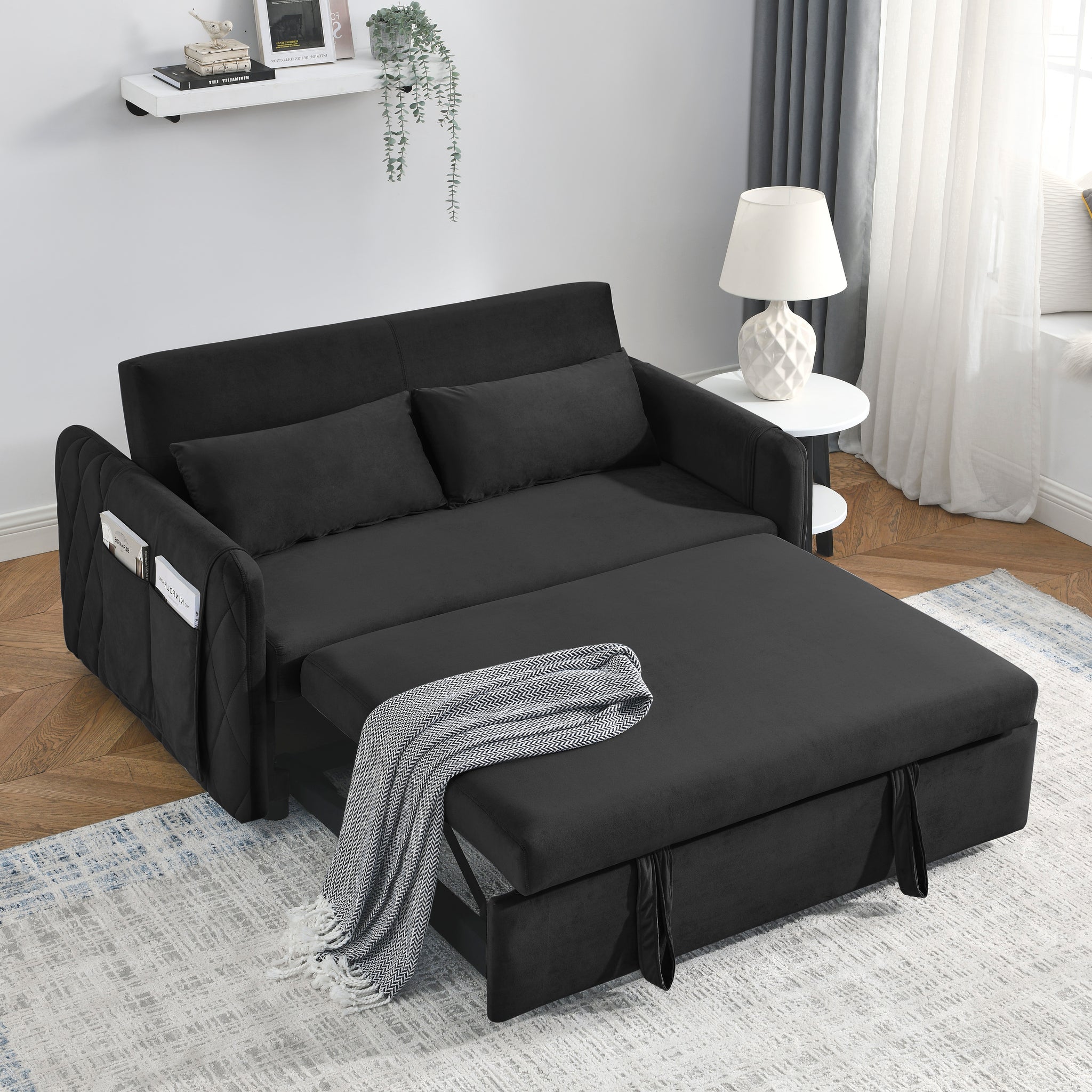 55" Modern Convertible Sofa Bed With 2 Detachable Arm Pockets, Velvet Loveseat Sofa With Pull Out Bed, 2 Pillows And Living Room Adjustable Backrest, Grid Design Armrests Black Foam Velvet