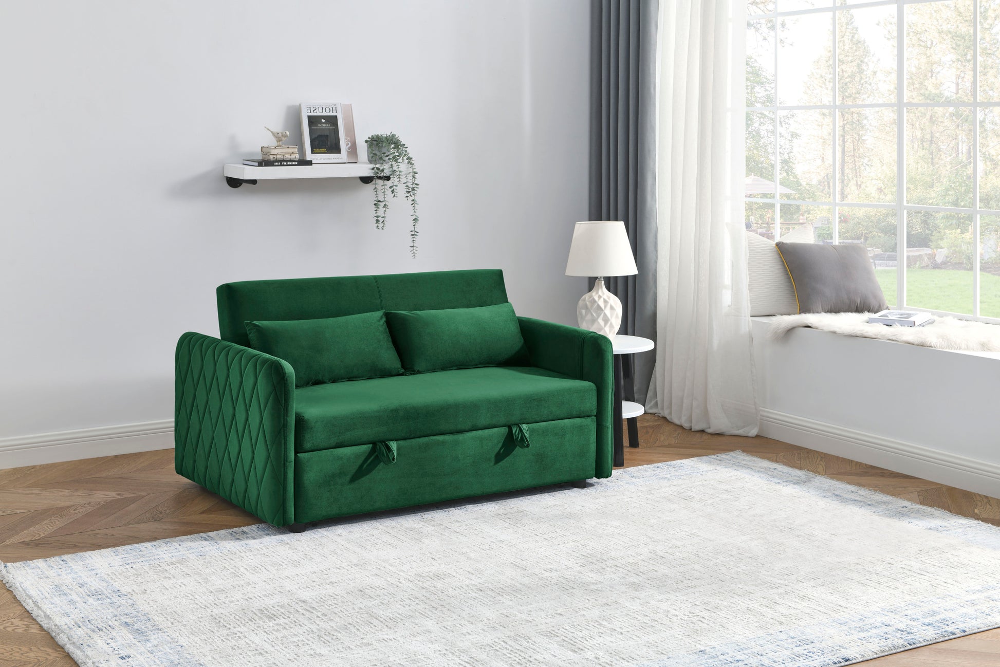 55" Modern Convertible Sofa Bed With 2 Detachable Arm Pockets, Velvet Loveseat Sofa With Pull Out Bed, 2 Pillows And Living Room Adjustable Backrest, Grid Design Armrests Green Foam Velvet