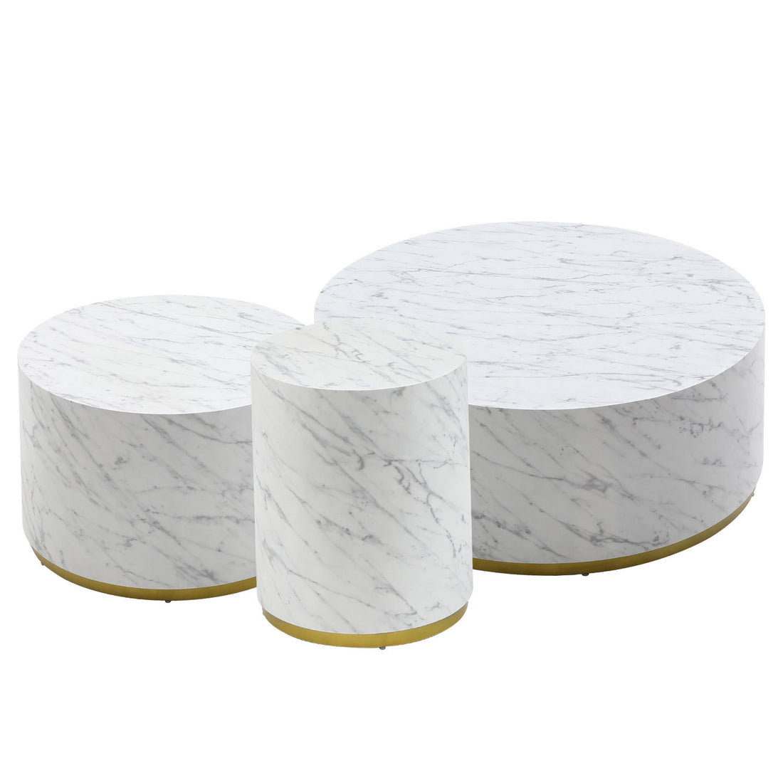 Set Of 3 White Marble Pattern Round Coffee Table Side Table End Table Set For Living Room Fully Assembled White Mdf