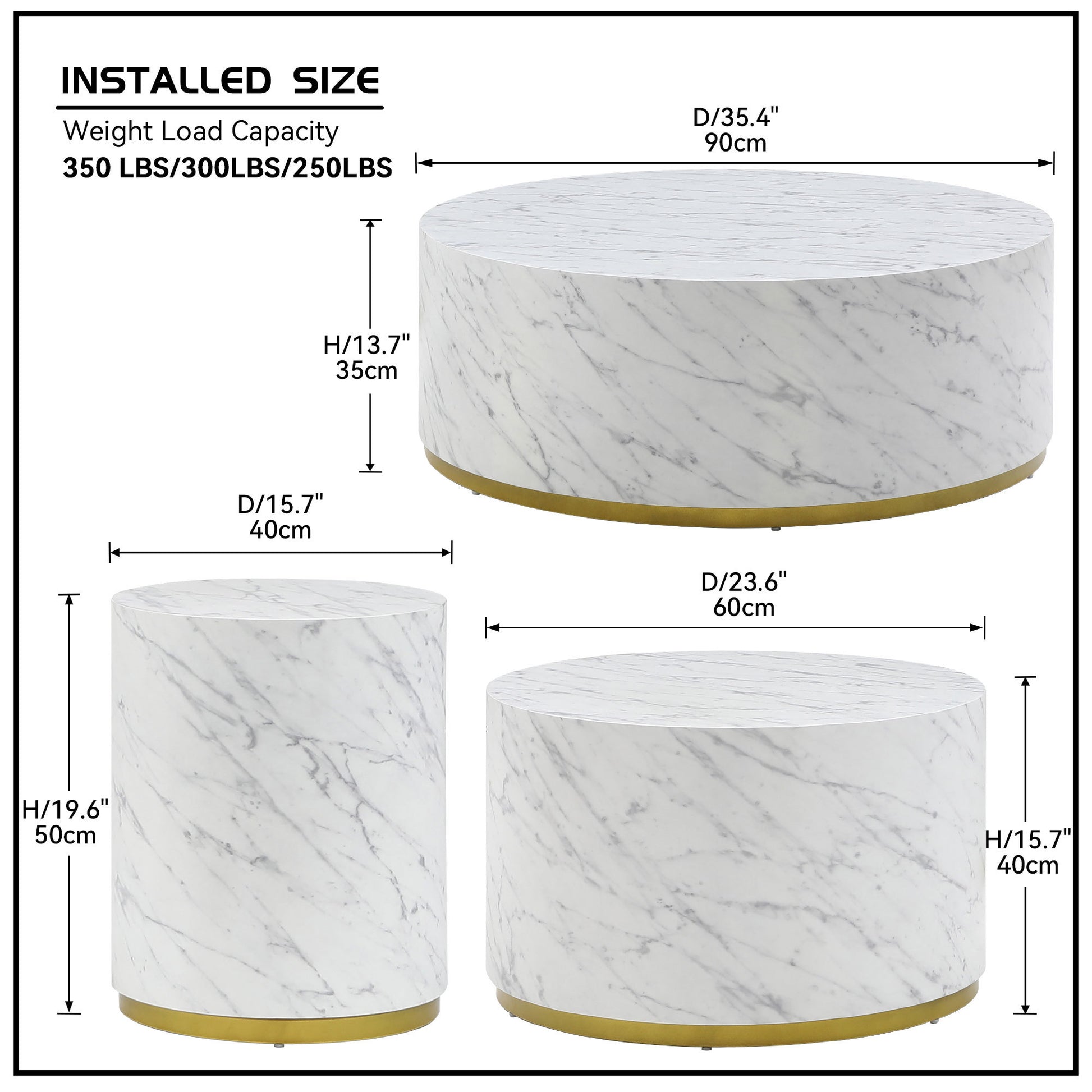 Set Of 3 White Marble Pattern Round Coffee Table Side Table End Table Set For Living Room Fully Assembled White Mdf