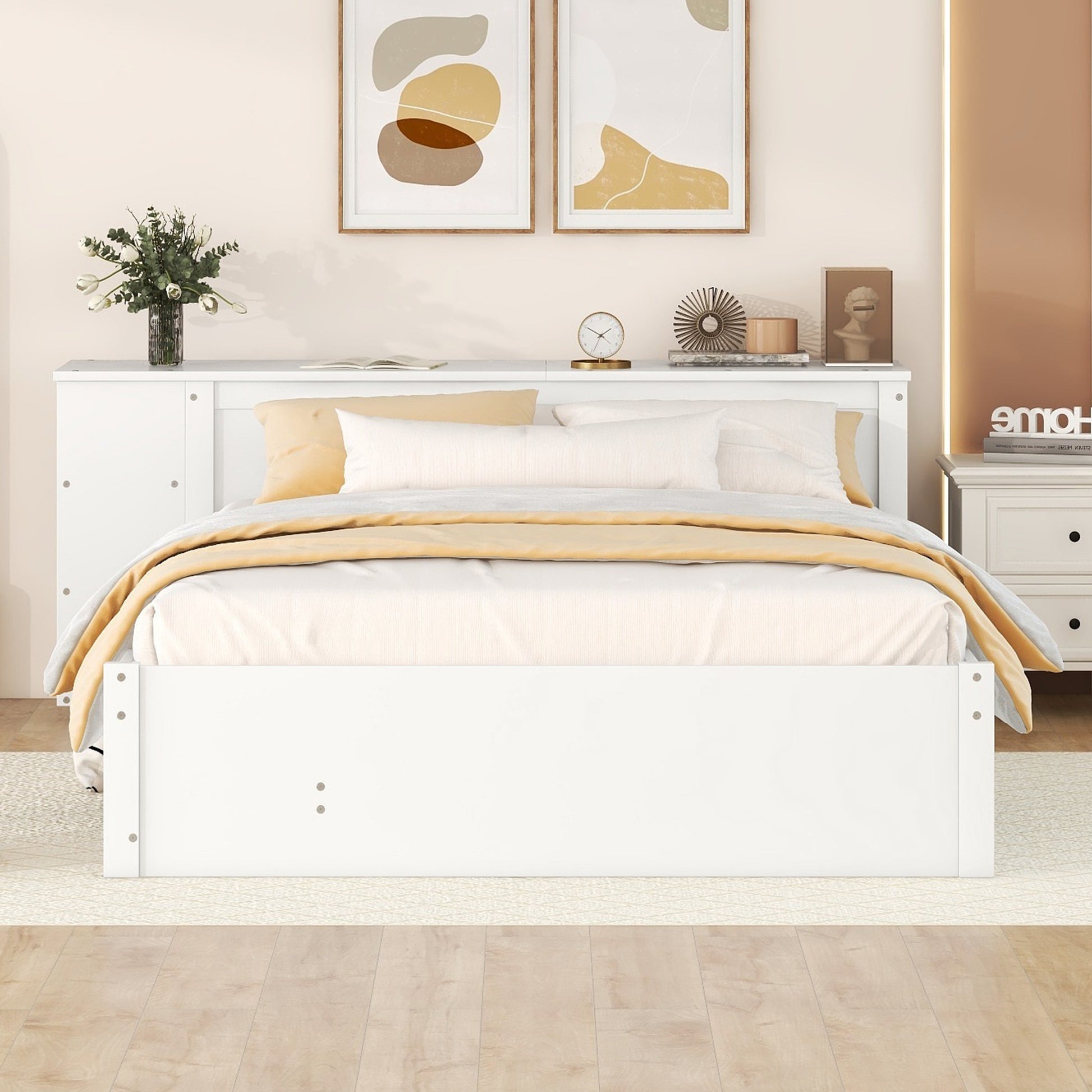 Full Size Platform Bed With A Rolling Shelf, White White Solid Wood Mdf