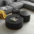 Set Of 3 Black Marble Pattern Round Coffee Table Side Table End Table Set For Living Room Fully Assembled Black Mdf