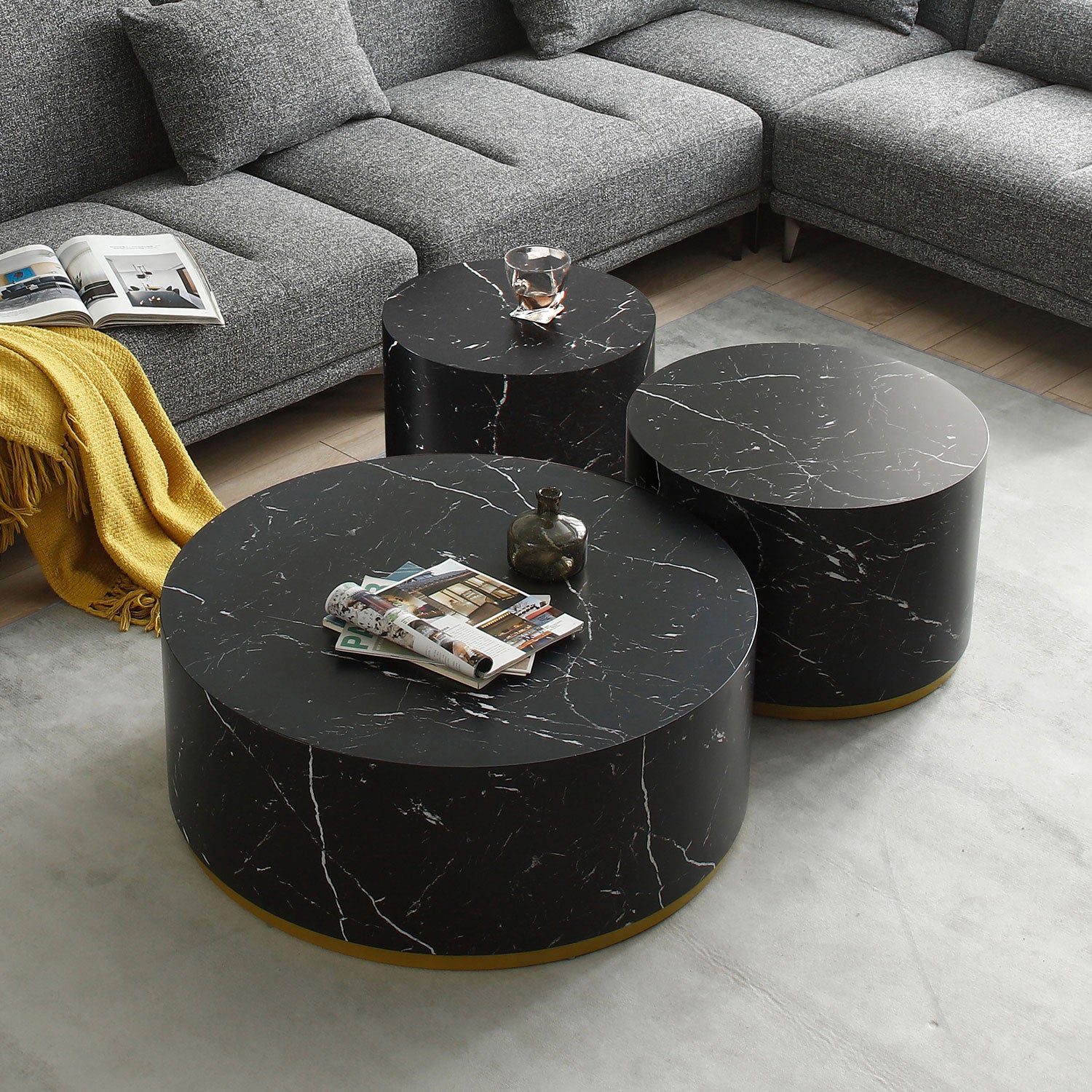 Set Of 3 Black Marble Pattern Round Coffee Table Side Table End Table Set For Living Room Fully Assembled Black Mdf