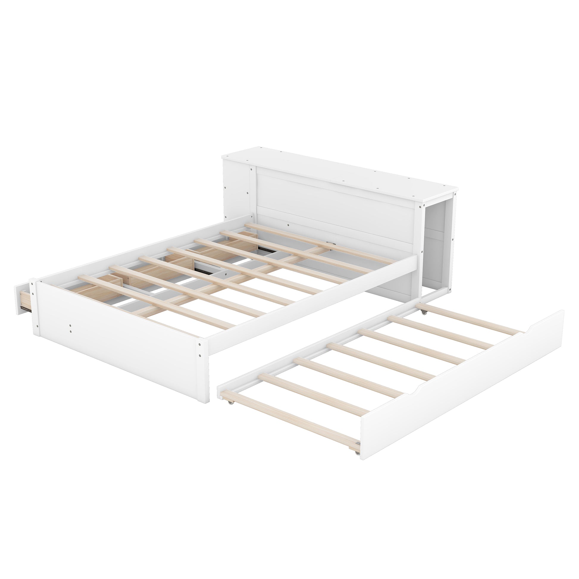 Full Size Platform Bed With A Rolling Shelf, White White Solid Wood Mdf