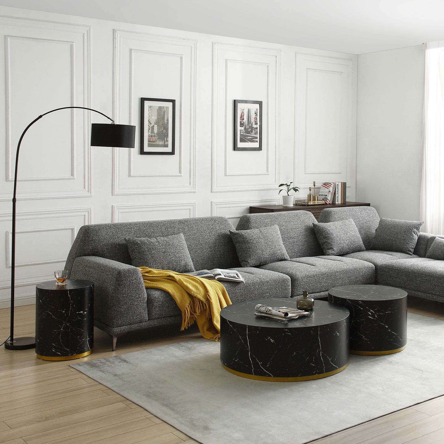 Set Of 3 Black Marble Pattern Round Coffee Table Side Table End Table Set For Living Room Fully Assembled Black Mdf