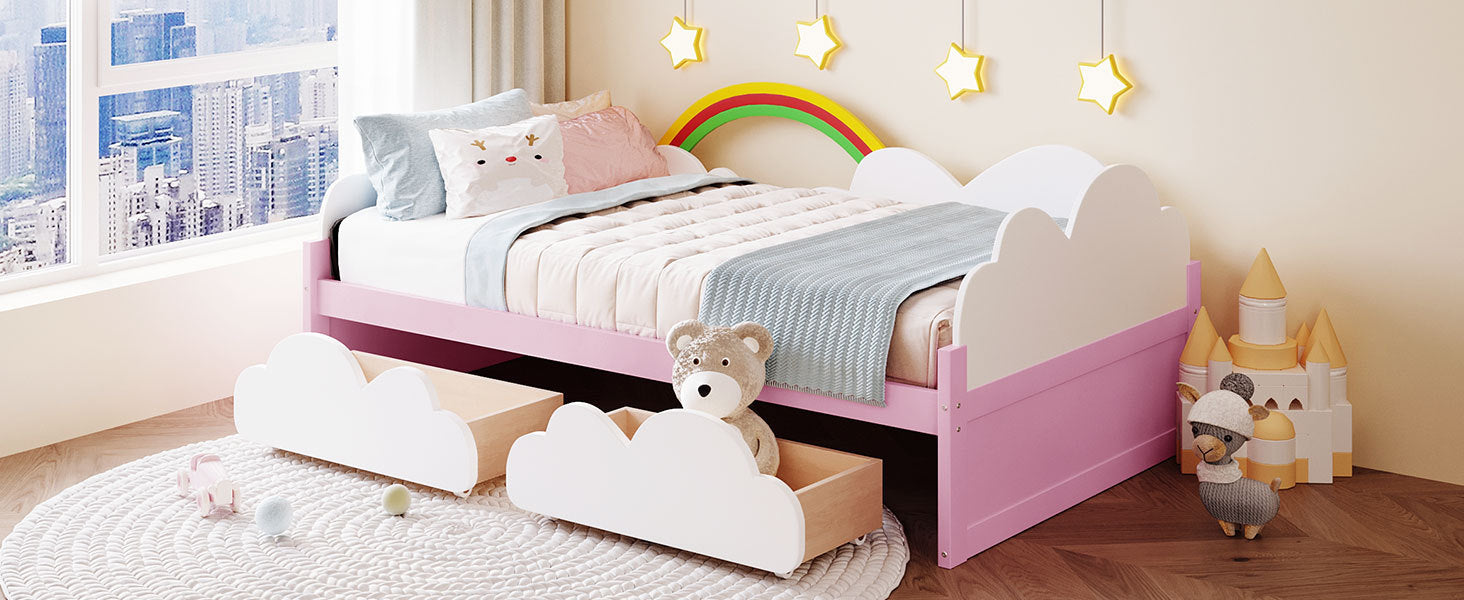 Twin Size Bed With Clouds And Rainbow Decor Pink White Plywood