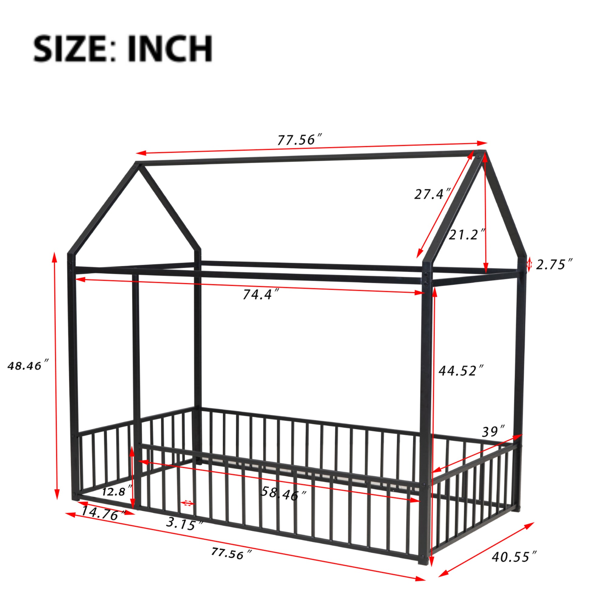 Twin Size Metal Bed House Bed Frame With Fence, For Kids, Teens, Girls, Boys, Black Twin Black Metal