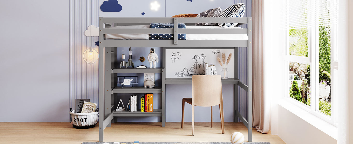 Full Size Wooden Loft Bed With Shelves, Desk And Writing Board Gray Full Gray Solid Wood Mdf