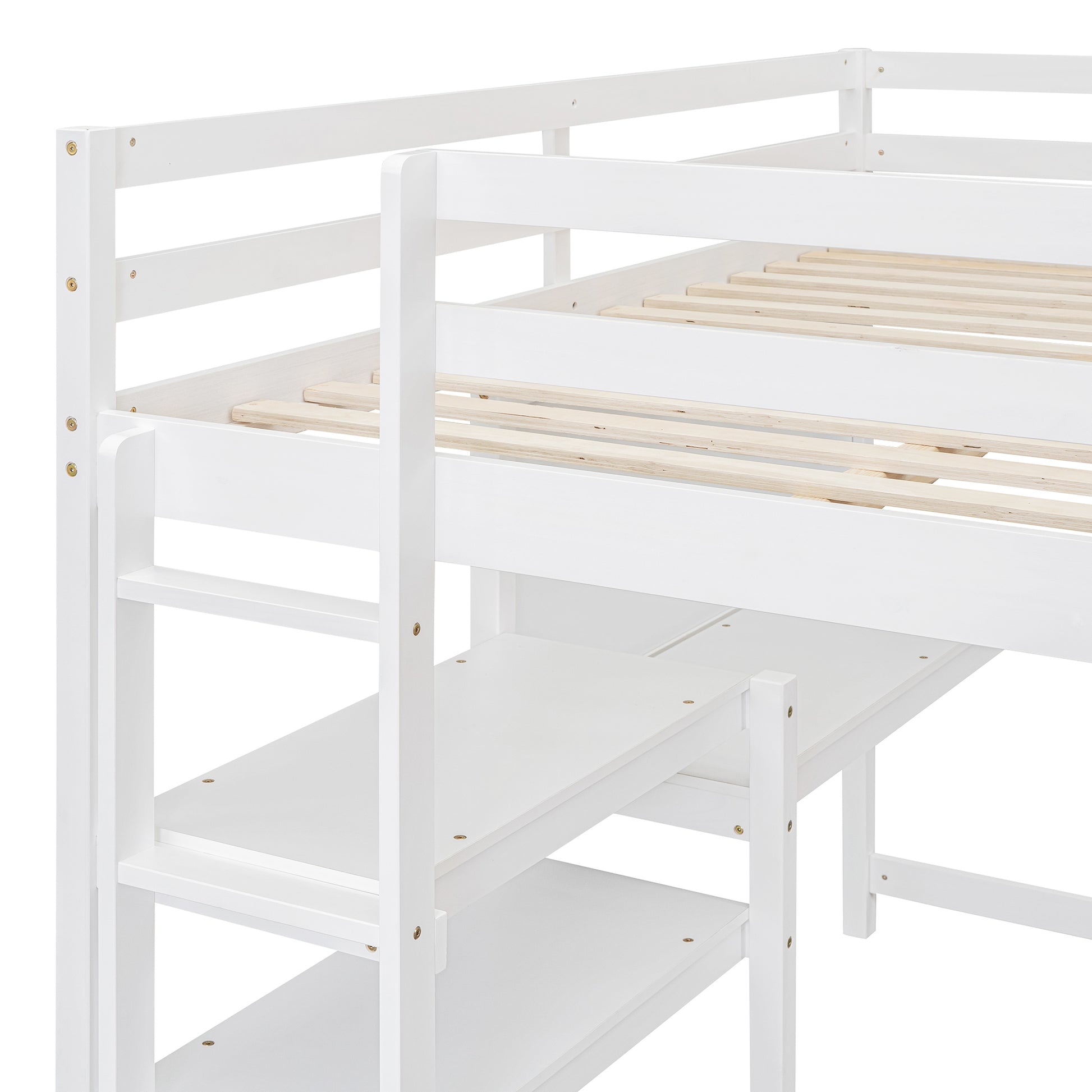 Full Size Wooden Loft Bed With Shelves, Desk And Writing Board White Full White Solid Wood Mdf