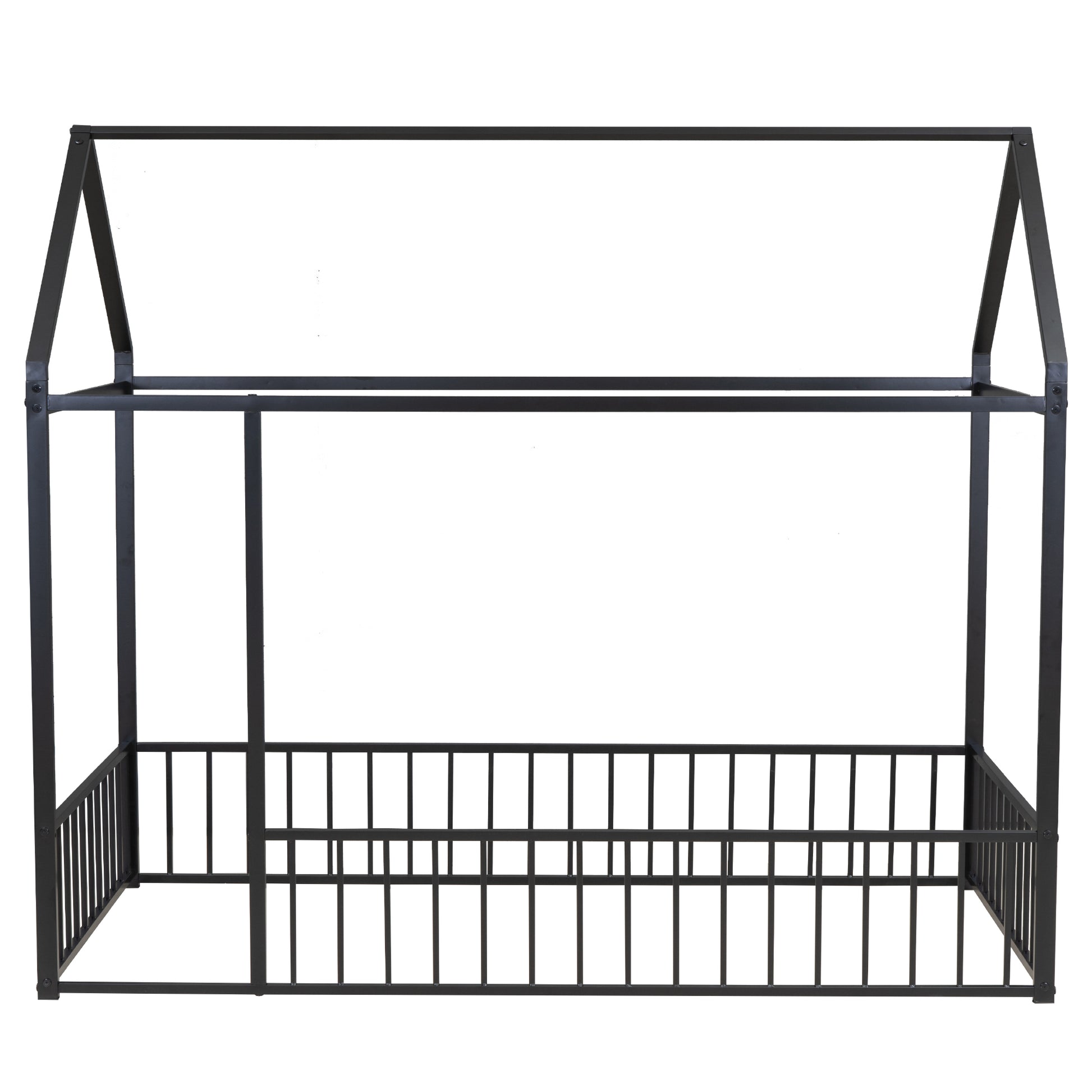 Twin Size Metal Bed House Bed Frame With Fence, For Kids, Teens, Girls, Boys, Black Twin Black Metal