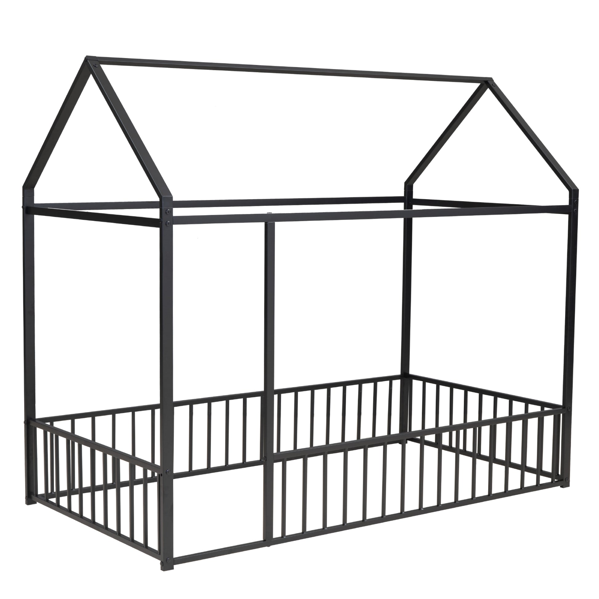 Twin Size Metal Bed House Bed Frame With Fence, For Kids, Teens, Girls, Boys, Black Twin Black Metal