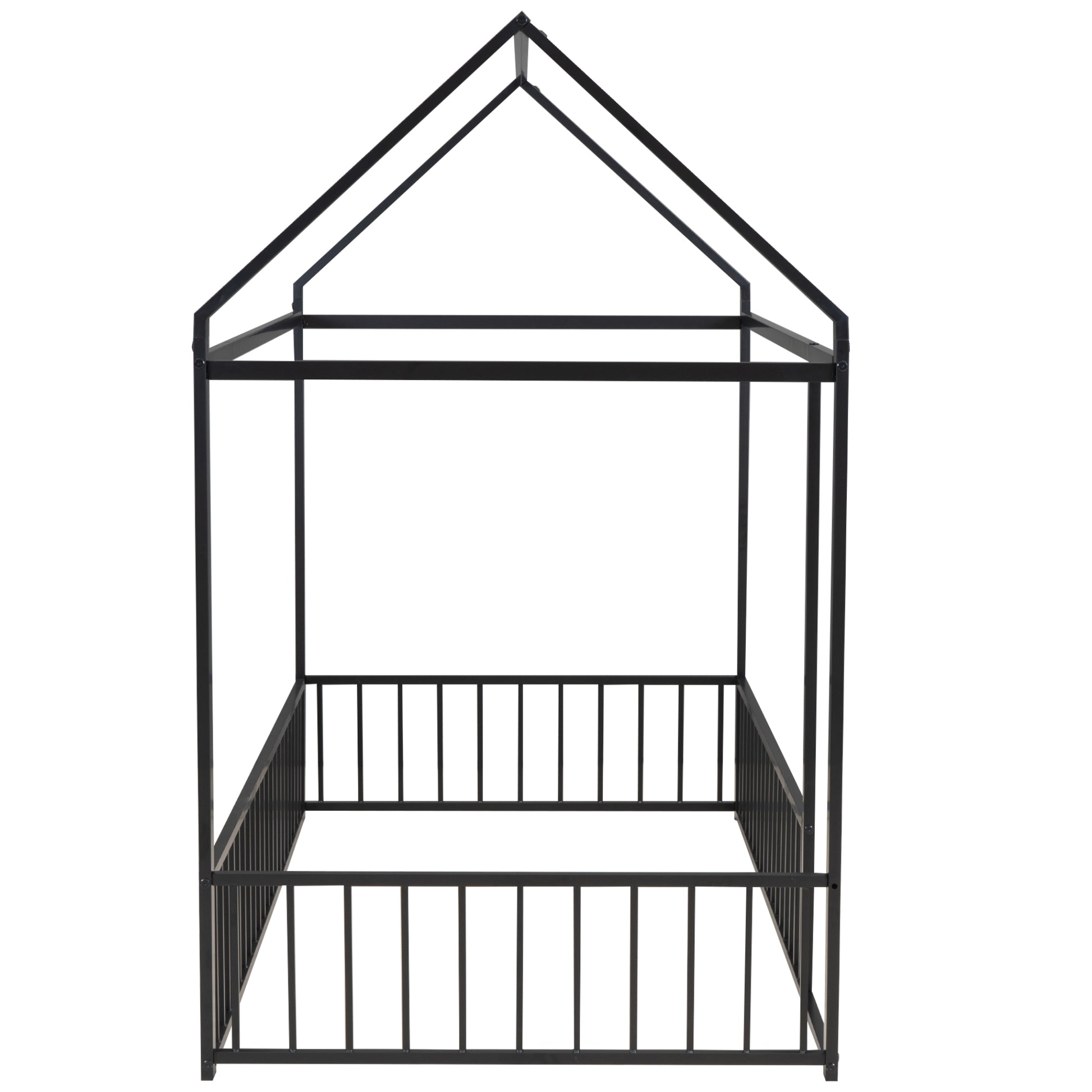 Twin Size Metal Bed House Bed Frame With Fence, For Kids, Teens, Girls, Boys, Black Twin Black Metal