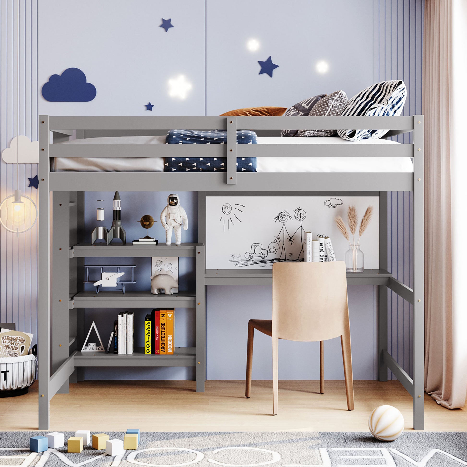 Full Size Wooden Loft Bed With Shelves, Desk And Writing Board Gray Full Gray Solid Wood Mdf