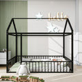 Twin Size Metal Bed House Bed Frame With Fence, For Kids, Teens, Girls, Boys, Black Twin Black Metal