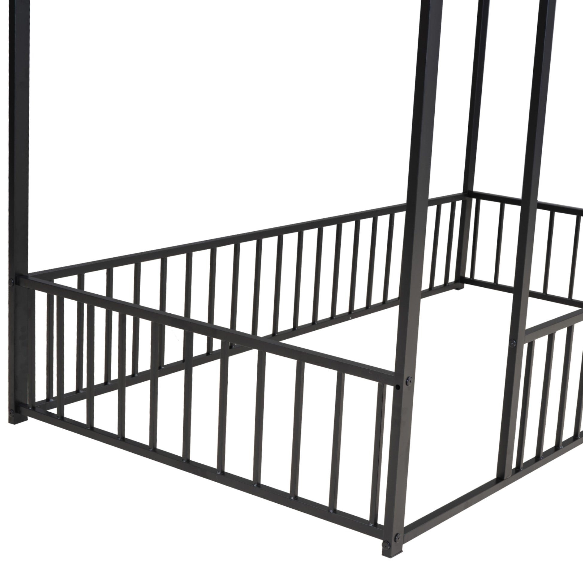 Twin Size Metal Bed House Bed Frame With Fence, For Kids, Teens, Girls, Boys, Black Twin Black Metal