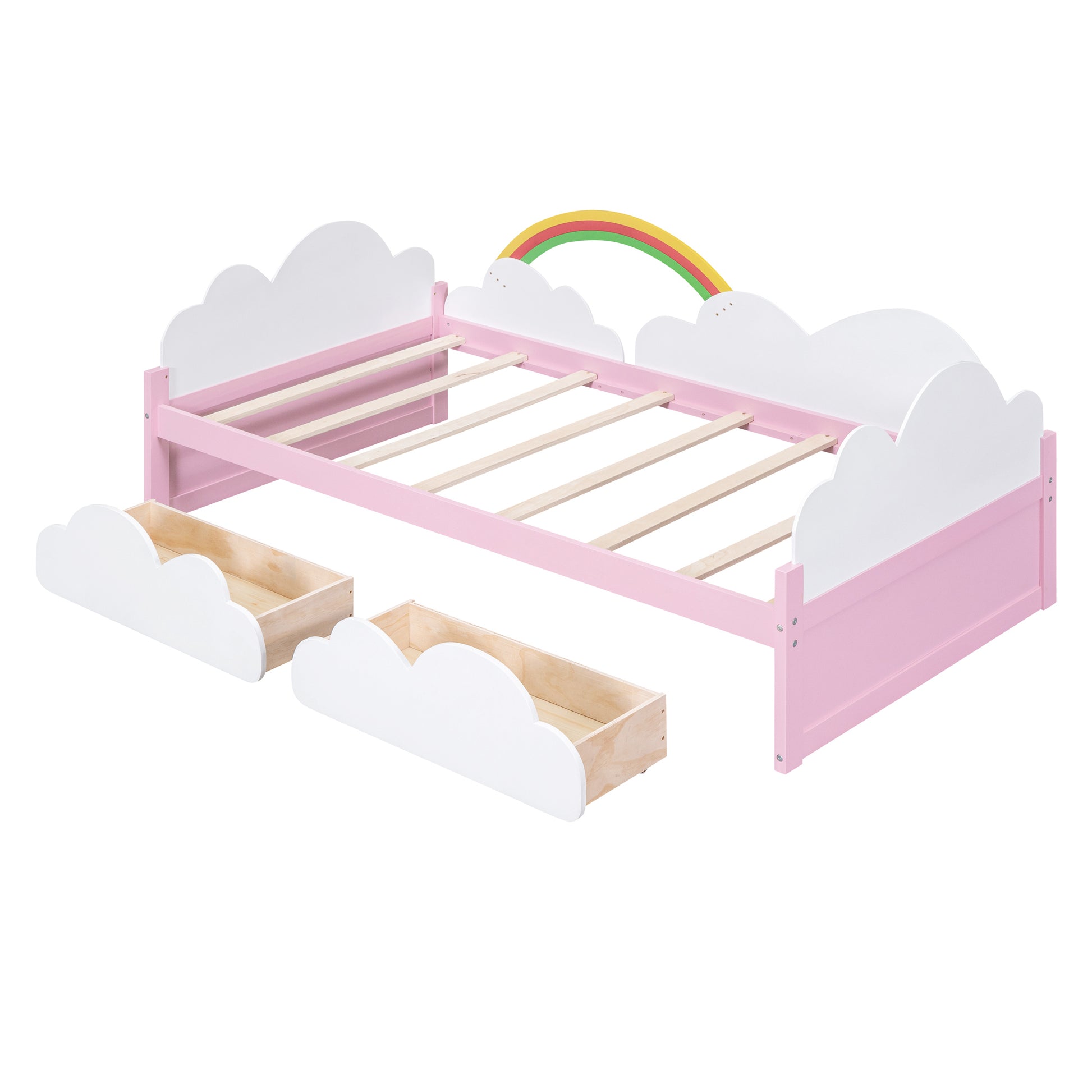 Twin Size Bed With Clouds And Rainbow Decor Pink White Plywood