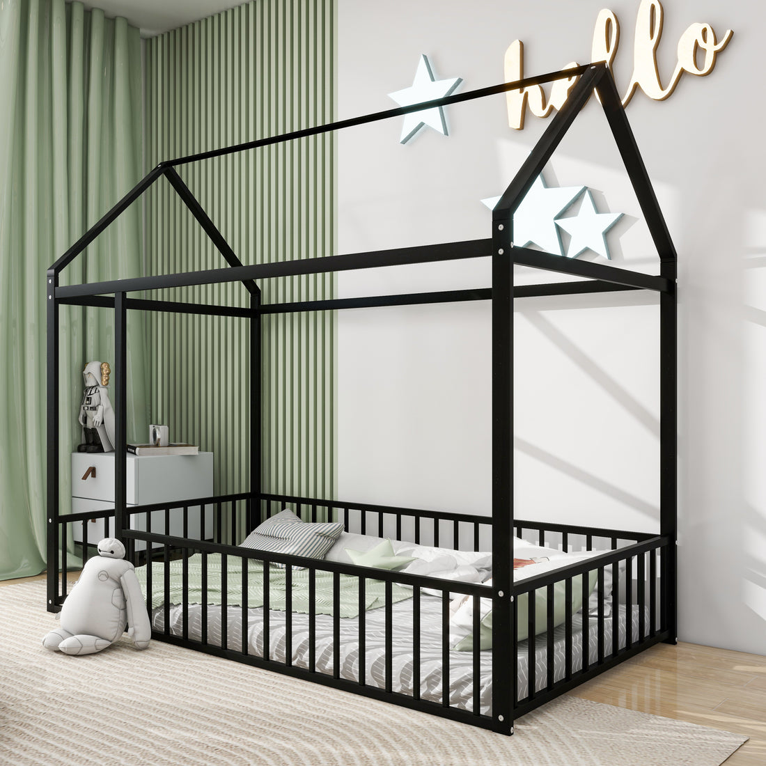 Twin Size Metal Bed House Bed Frame With Fence, For Kids, Teens, Girls, Boys, Black Twin Black Metal