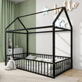 Twin Size Metal Bed House Bed Frame With Fence, For Kids, Teens, Girls, Boys, Black Twin Black Metal