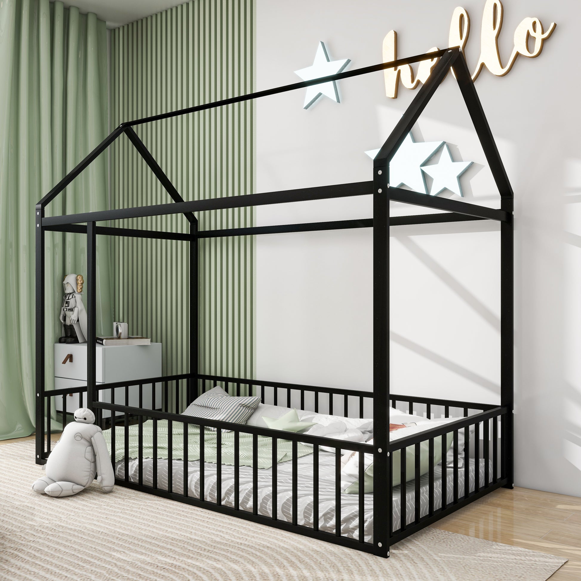Twin Size Metal Bed House Bed Frame With Fence, For Kids, Teens, Girls, Boys, Black Twin Black Metal
