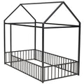 Twin Size Metal Bed House Bed Frame With Fence, For Kids, Teens, Girls, Boys, Black Twin Black Metal