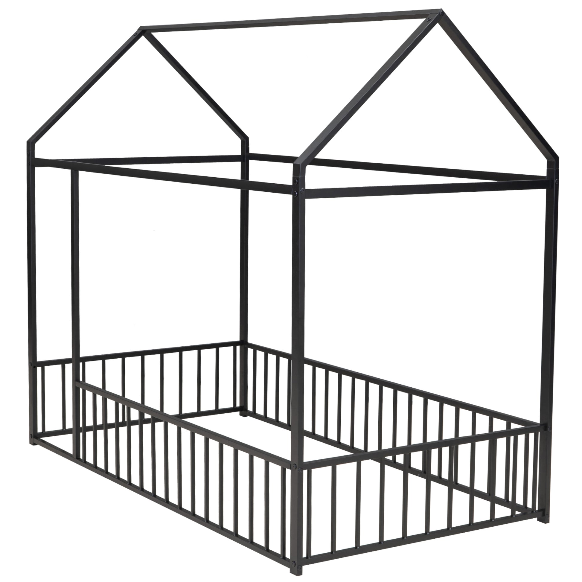 Twin Size Metal Bed House Bed Frame With Fence, For Kids, Teens, Girls, Boys, Black Twin Black Metal
