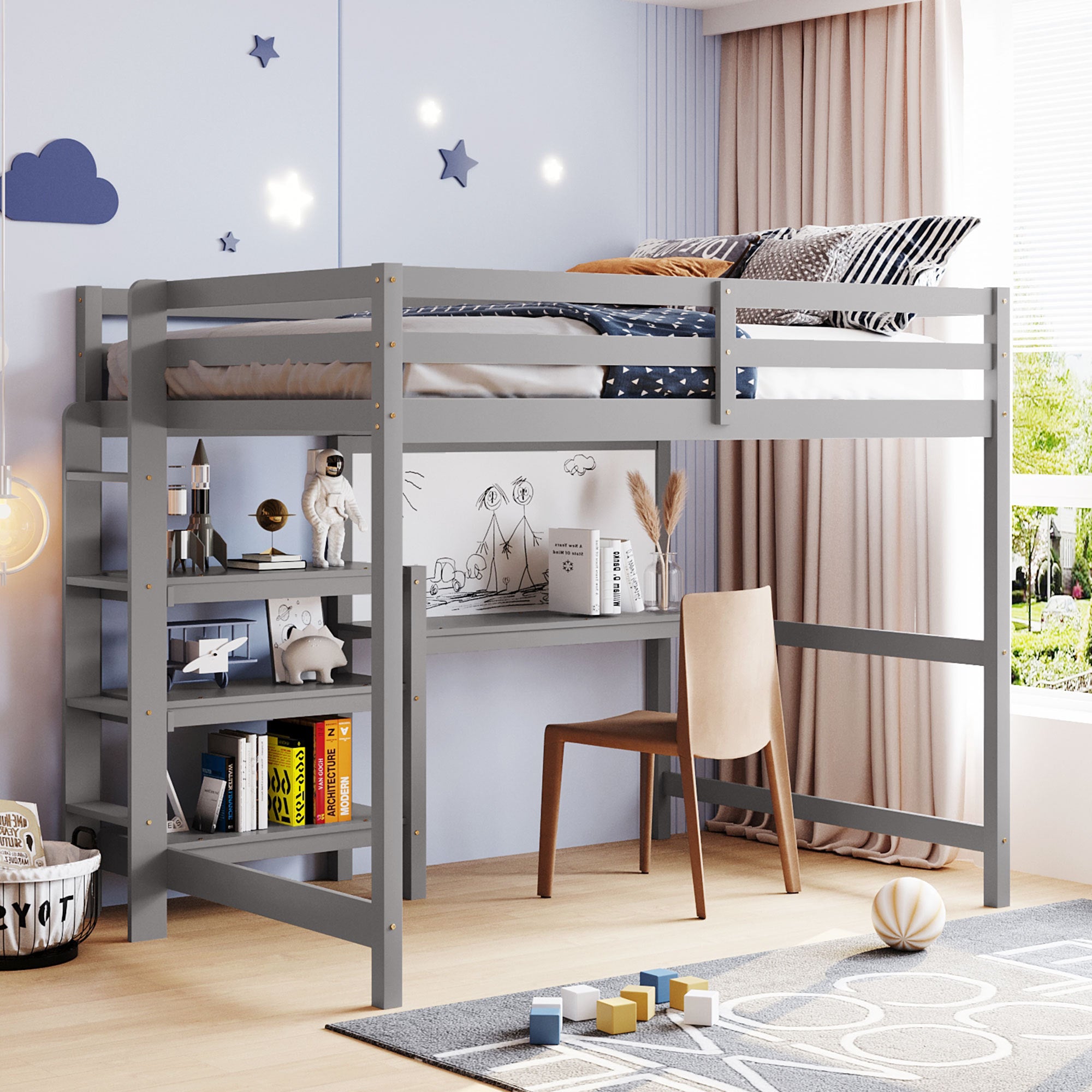 Full Size Wooden Loft Bed With Shelves, Desk And Writing Board Gray Full Gray Solid Wood Mdf