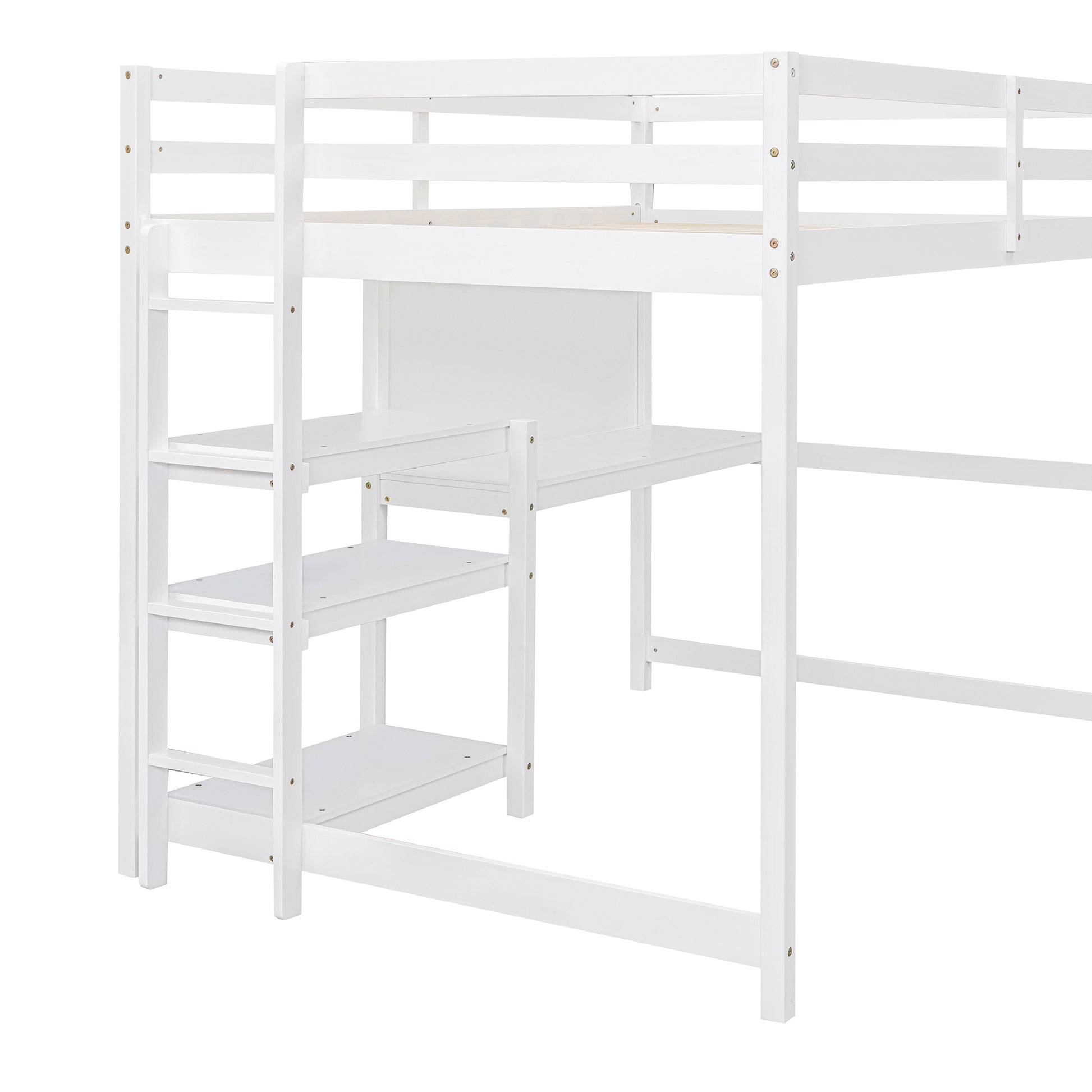 Full Size Wooden Loft Bed With Shelves, Desk And Writing Board White Full White Solid Wood Mdf