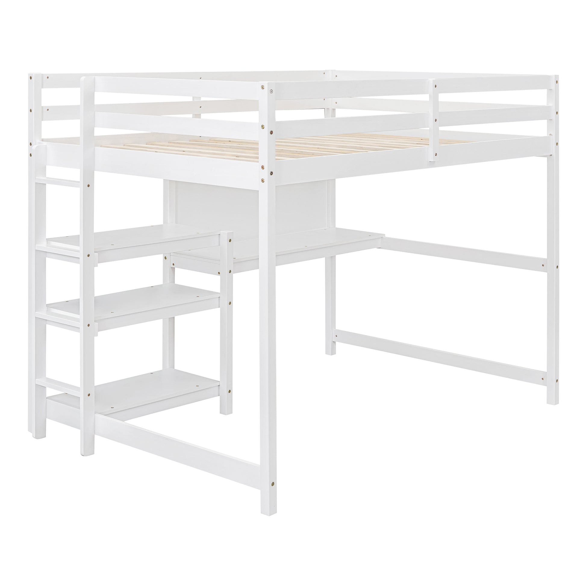 Full Size Wooden Loft Bed With Shelves, Desk And Writing Board White Full White Solid Wood Mdf