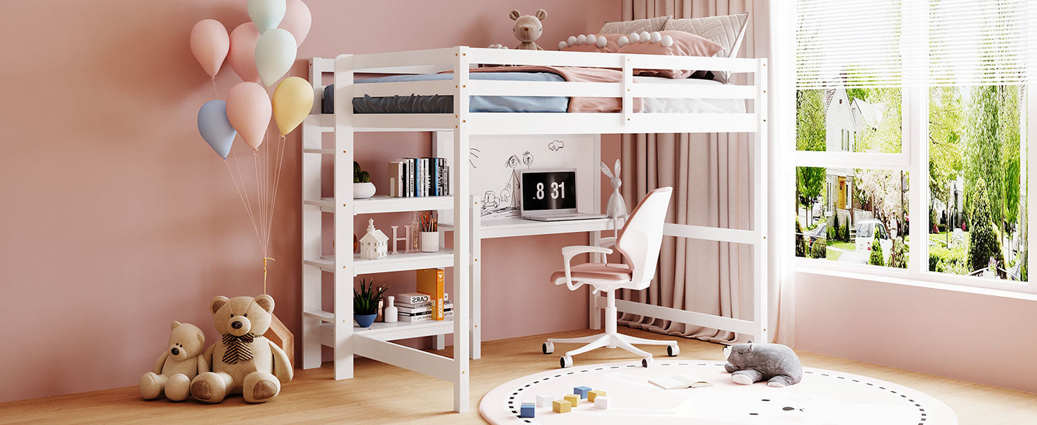Full Size Wooden Loft Bed With Shelves, Desk And Writing Board White Full White Solid Wood Mdf