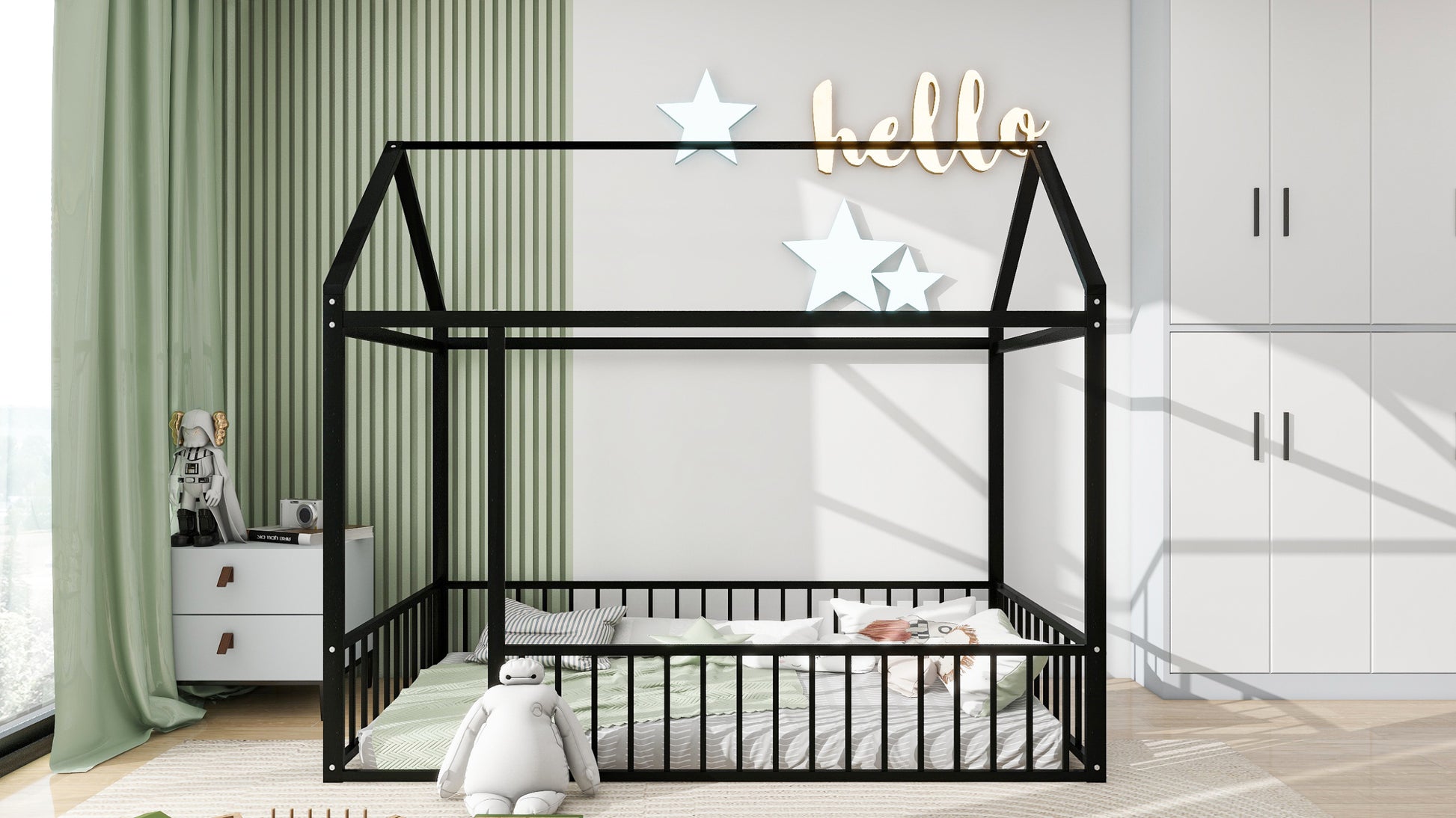 Twin Size Metal Bed House Bed Frame With Fence, For Kids, Teens, Girls, Boys, Black Twin Black Metal