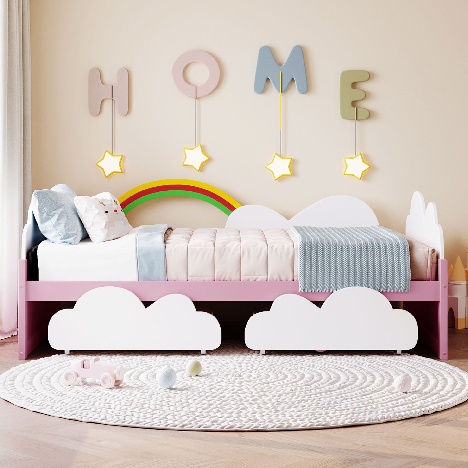 Twin Size Bed With Clouds And Rainbow Decor Pink White Plywood