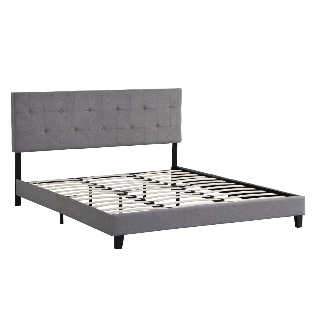 King Size Upholstered Platform Bed Frame With Button Tufted Linen Fabric Headboard, No Box Spring Needed, Wood Slat Support, Easy Assembly, Gray Grey Fabric