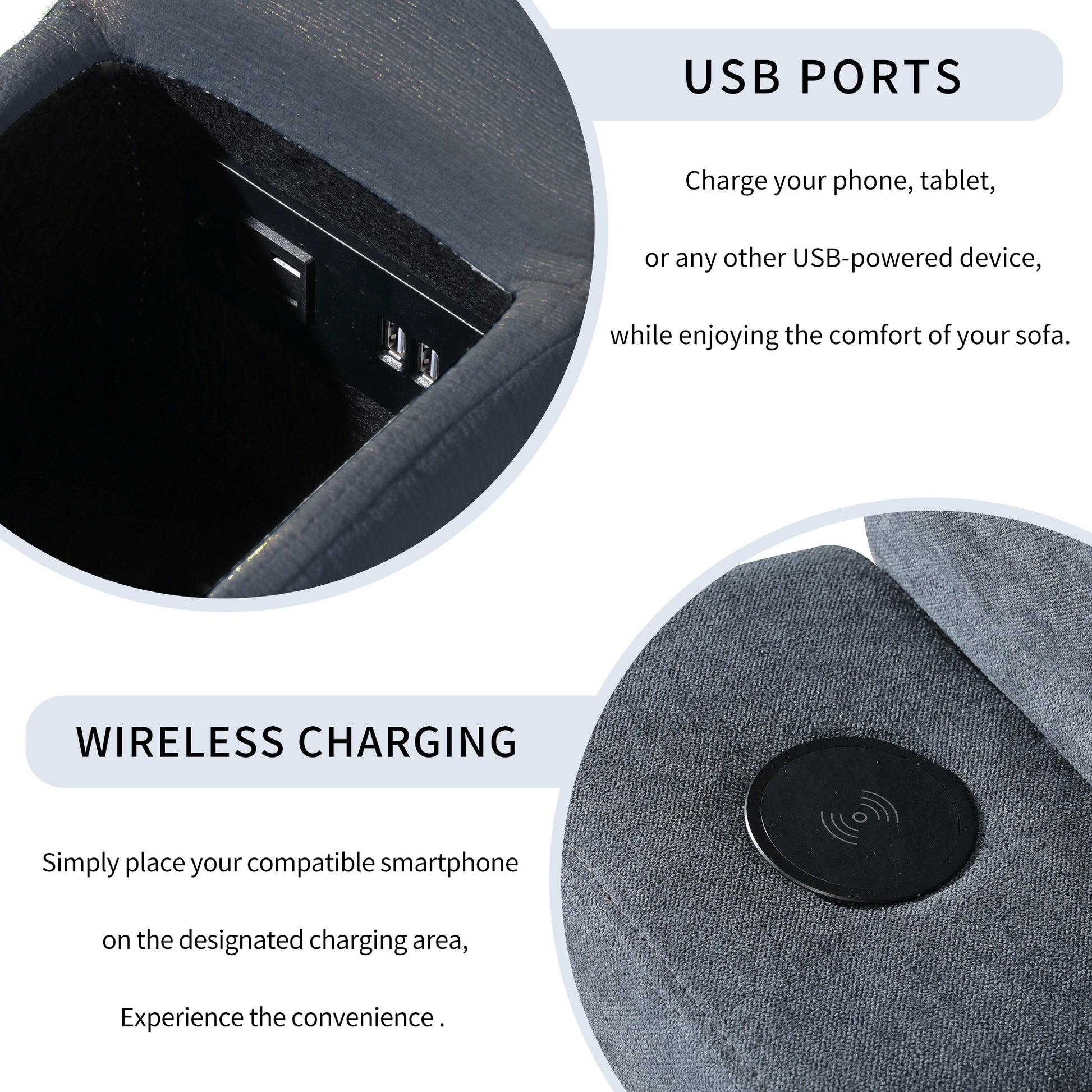 Upholstered Modular Sofa With Usb Charge Ports,Wireless Charging And Built In Bluetooth Speaker In Arm,Sectional Sofa For Living Room Apartment 4 Seater Gray Polyester 4 Seat