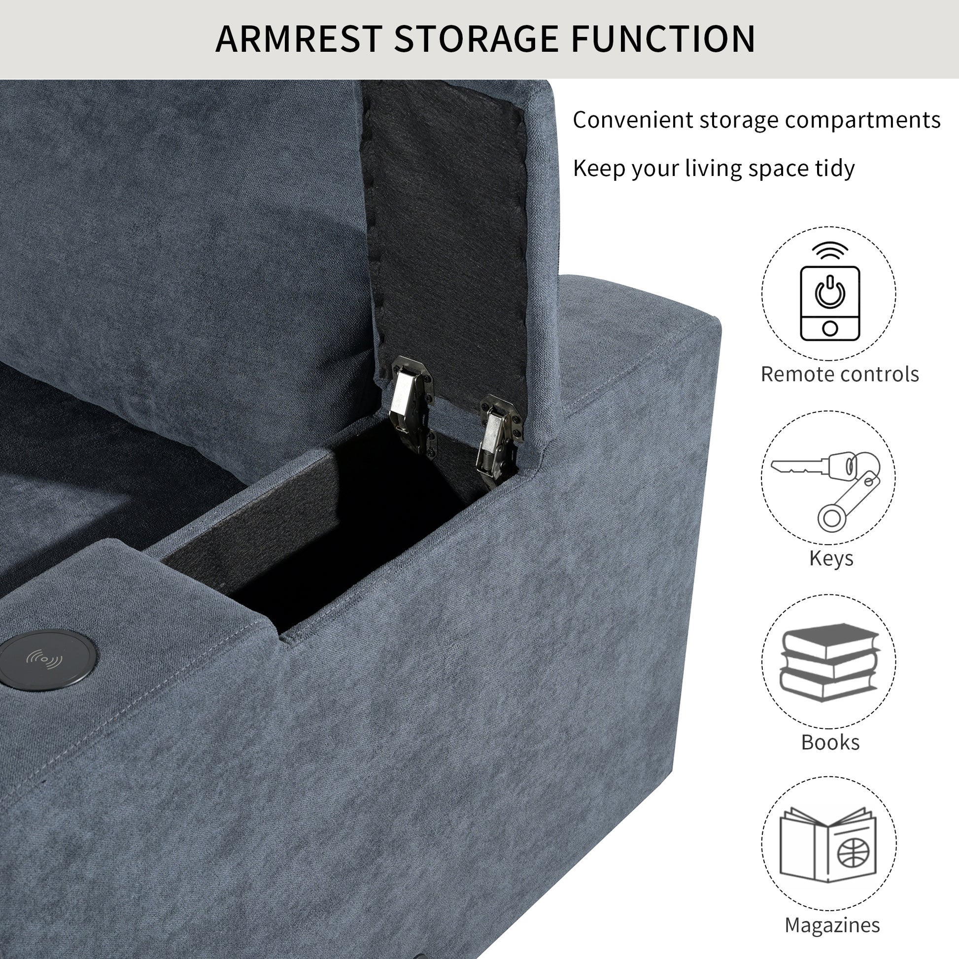 Upholstered Modular Sofa With Usb Charge Ports,Wireless Charging And Built In Bluetooth Speaker In Arm,Sectional Sofa For Living Room Apartment 4 Seater Gray Polyester 4 Seat