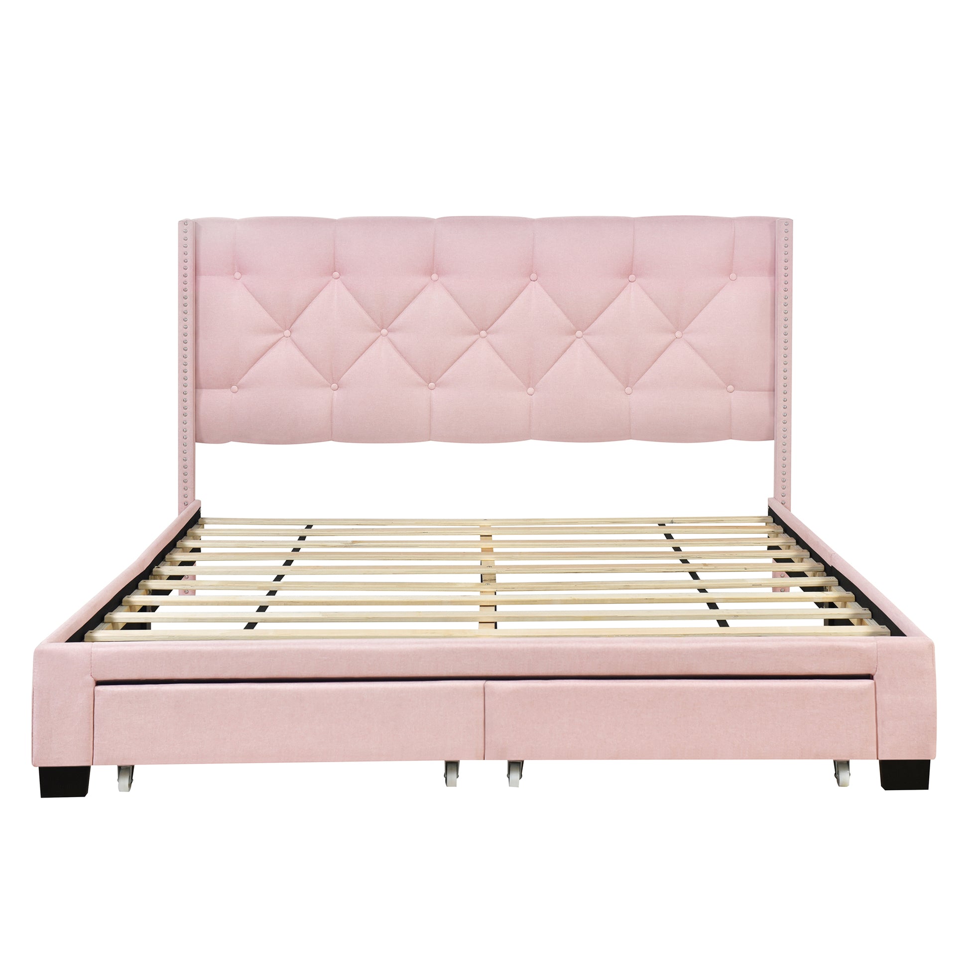 Queen Size Storage Bed Linen Upholstered Platform Bed With Two Drawers Pink Queen Pink Upholstered