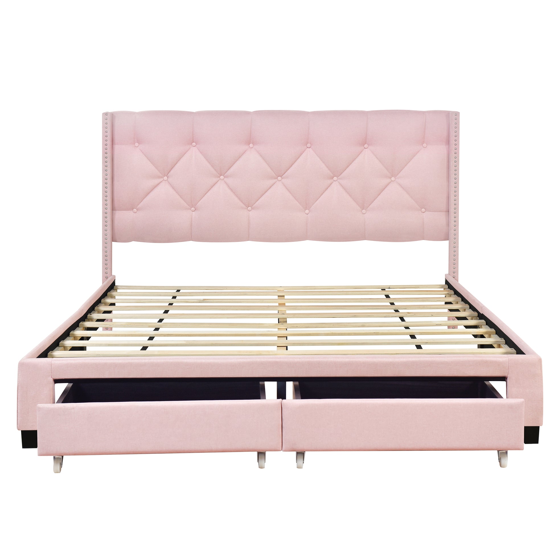 Queen Size Storage Bed Linen Upholstered Platform Bed With Two Drawers Pink Queen Pink Upholstered