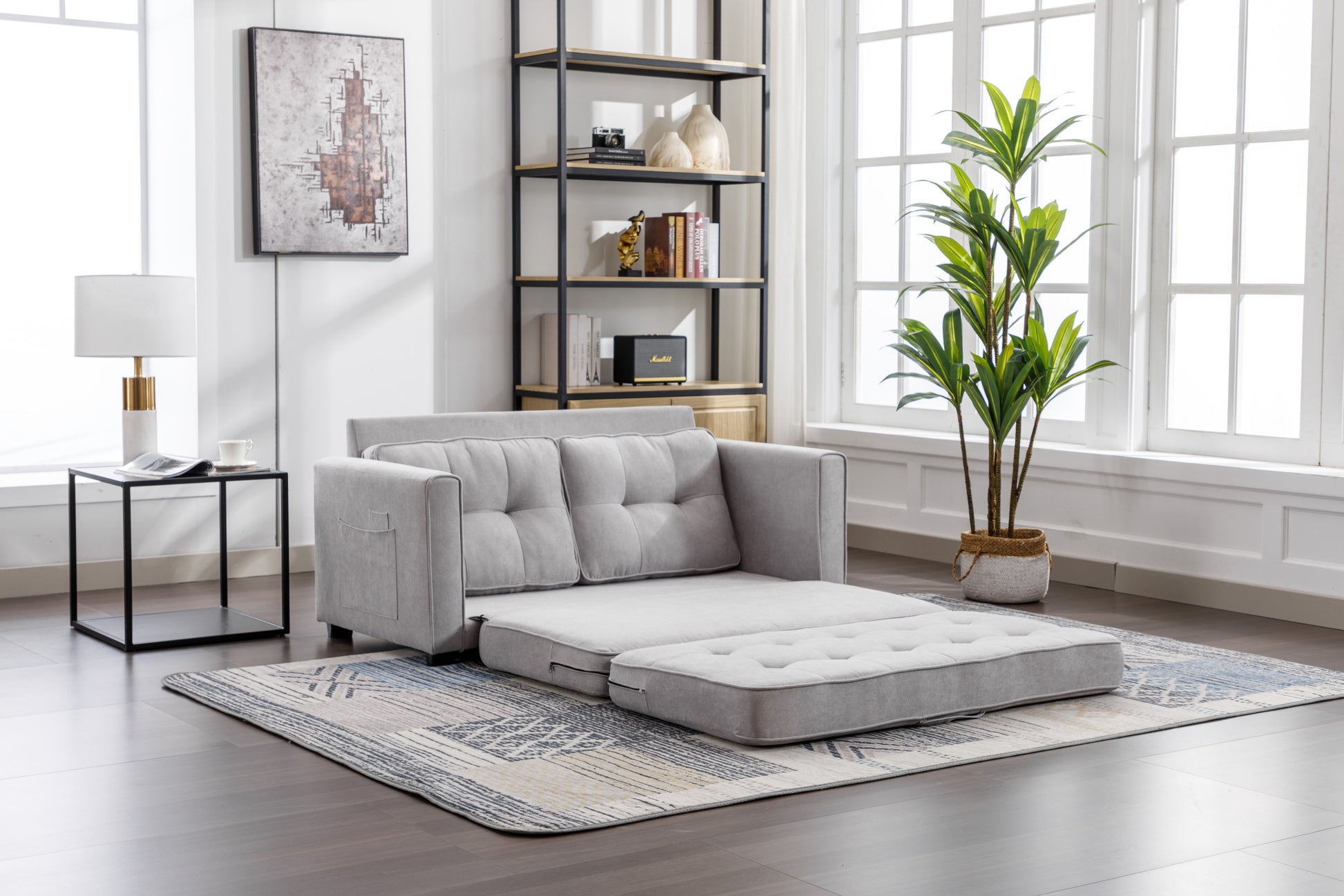 59.4" Loveseat Sofa With Pull Out Bed Modern Upholstered Couch With Side Pocket For Living Room Office, Grey Grey Chenille