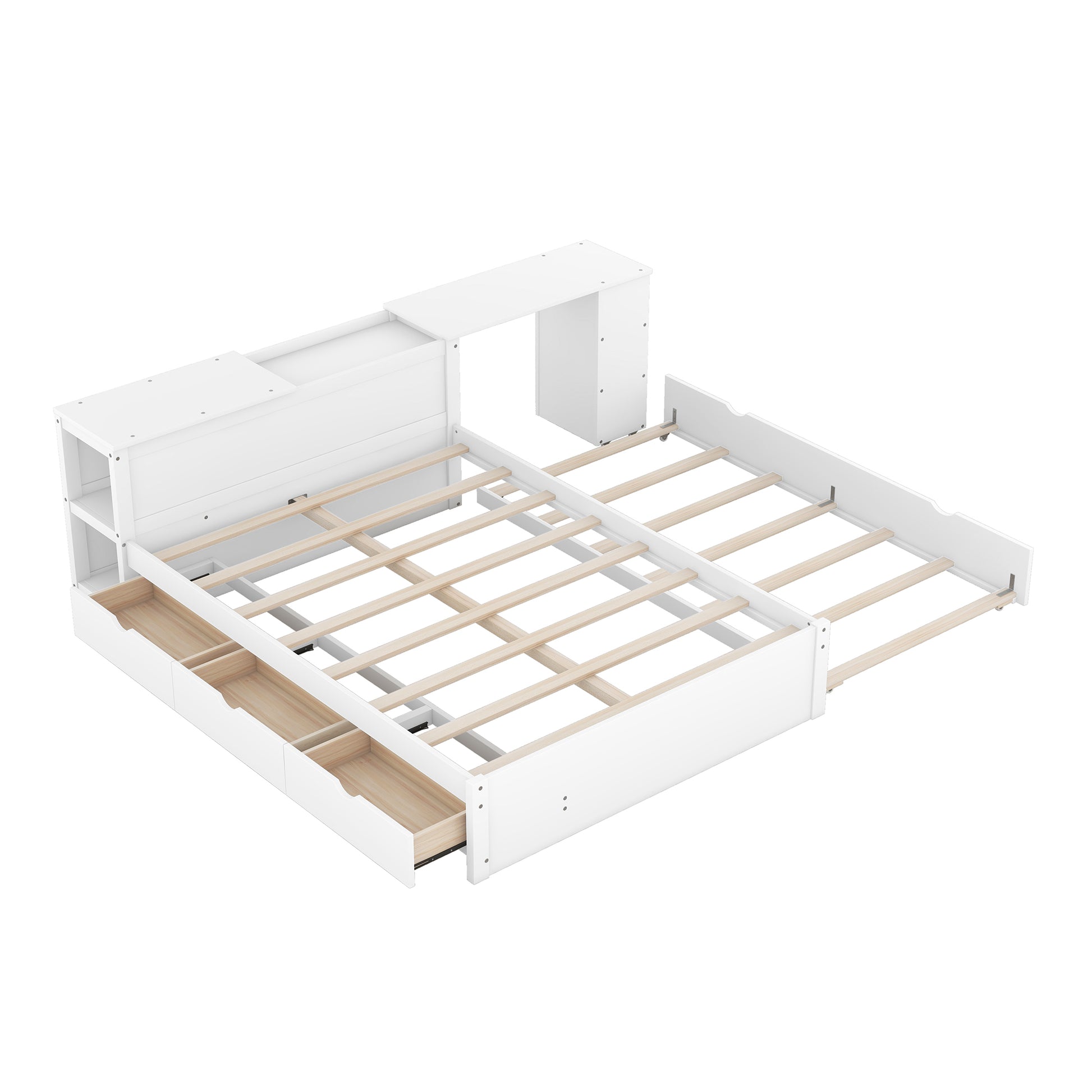 Full Size Platform Bed With A Rolling Shelf, White White Solid Wood Mdf