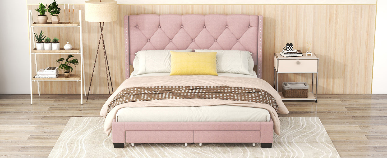 Queen Size Storage Bed Linen Upholstered Platform Bed With Two Drawers Pink Queen Pink Upholstered