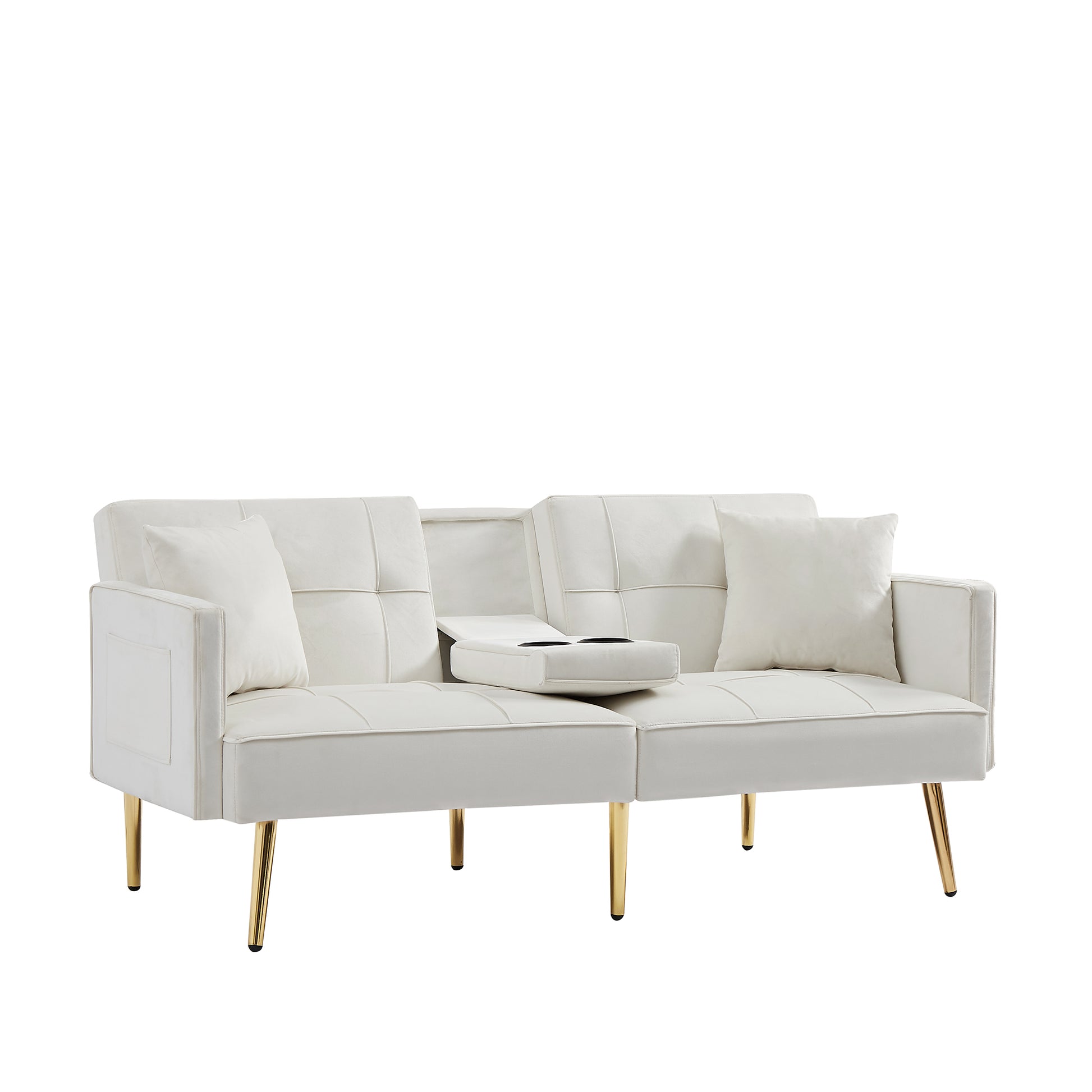 Cream White Velvet Futon Sofa Bed With Gold Metal Legs Cream White Velvet Wood Tufted Back Eucalyptus Square Arms Foam Velvet 2 Seat