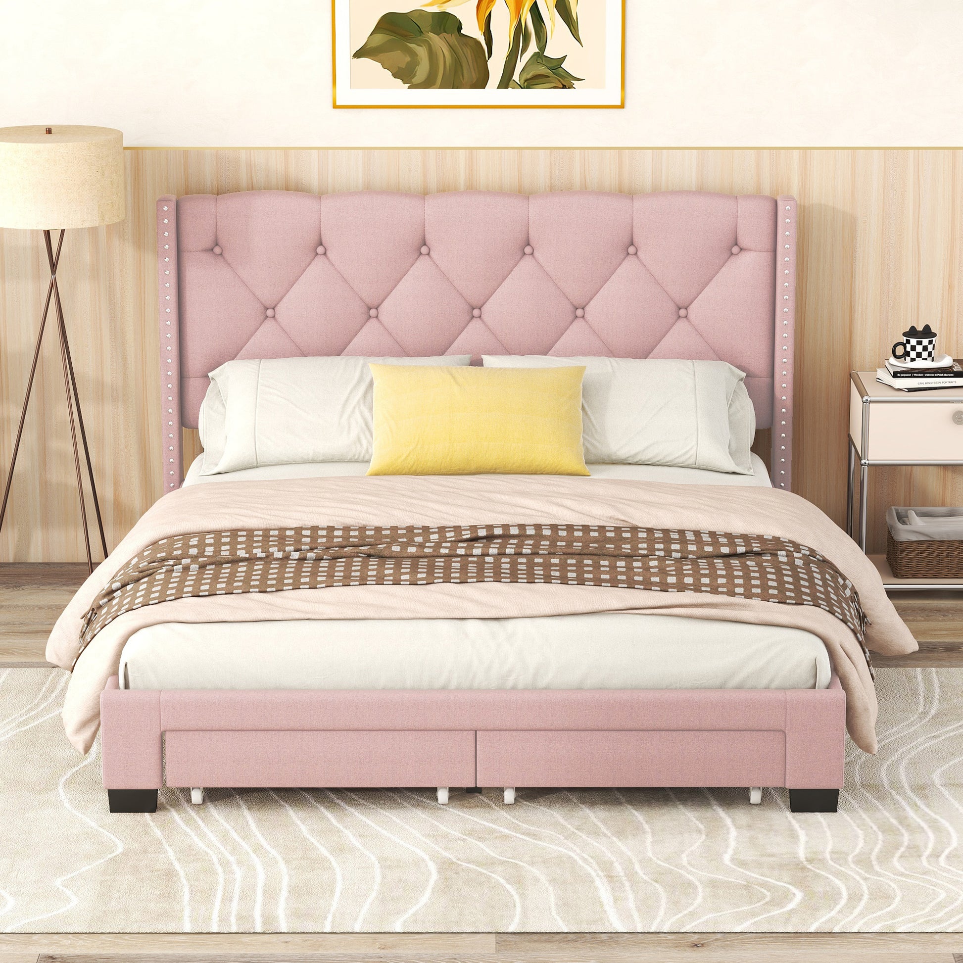 Queen Size Storage Bed Linen Upholstered Platform Bed With Two Drawers Pink Queen Pink Upholstered