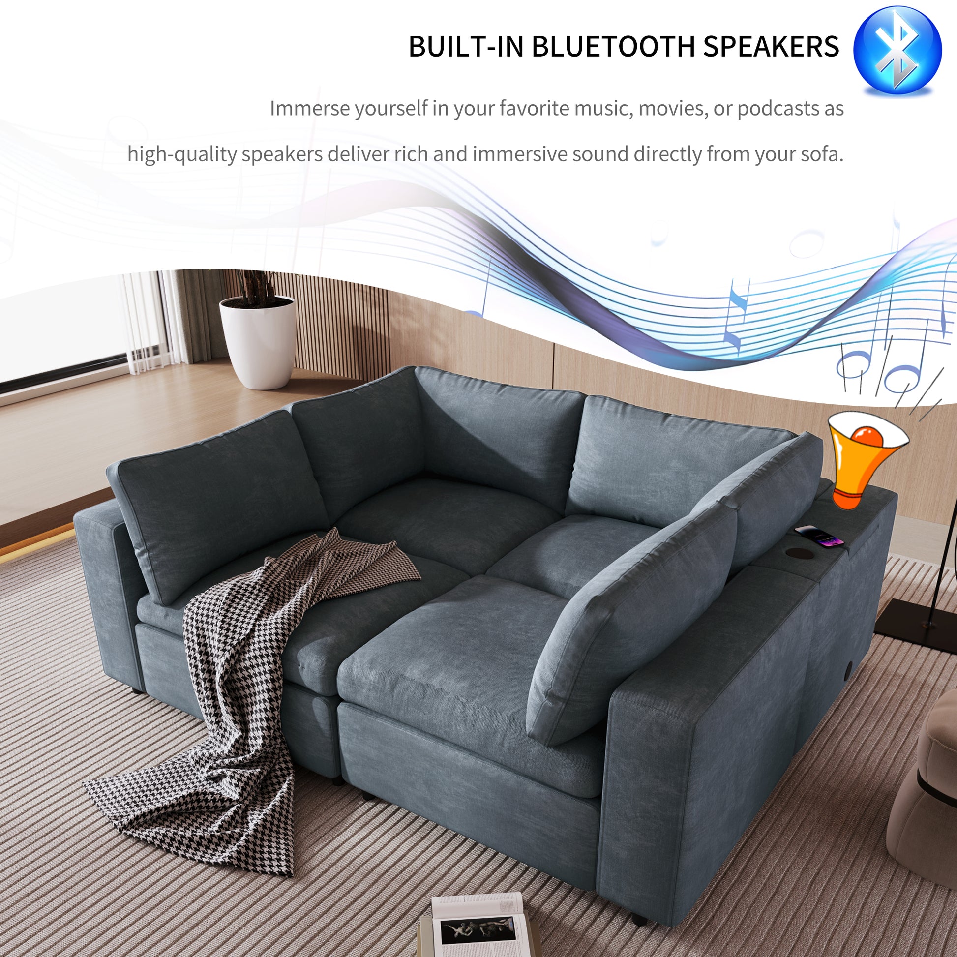 Upholstered Modular Sofa With Usb Charge Ports,Wireless Charging And Built In Bluetooth Speaker In Arm,Sectional Sofa For Living Room Apartment 4 Seater Gray Polyester 4 Seat