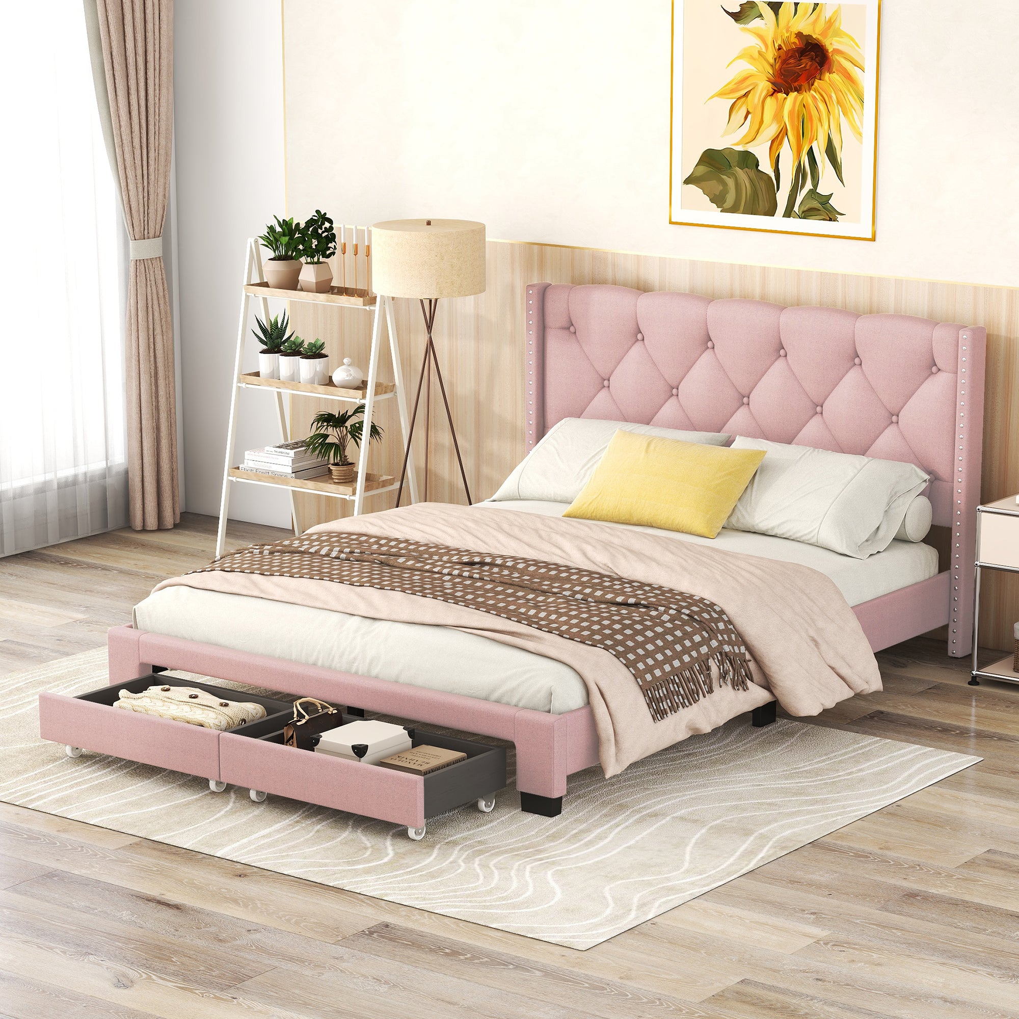 Queen Size Storage Bed Linen Upholstered Platform Bed With Two Drawers Pink Queen Pink Upholstered