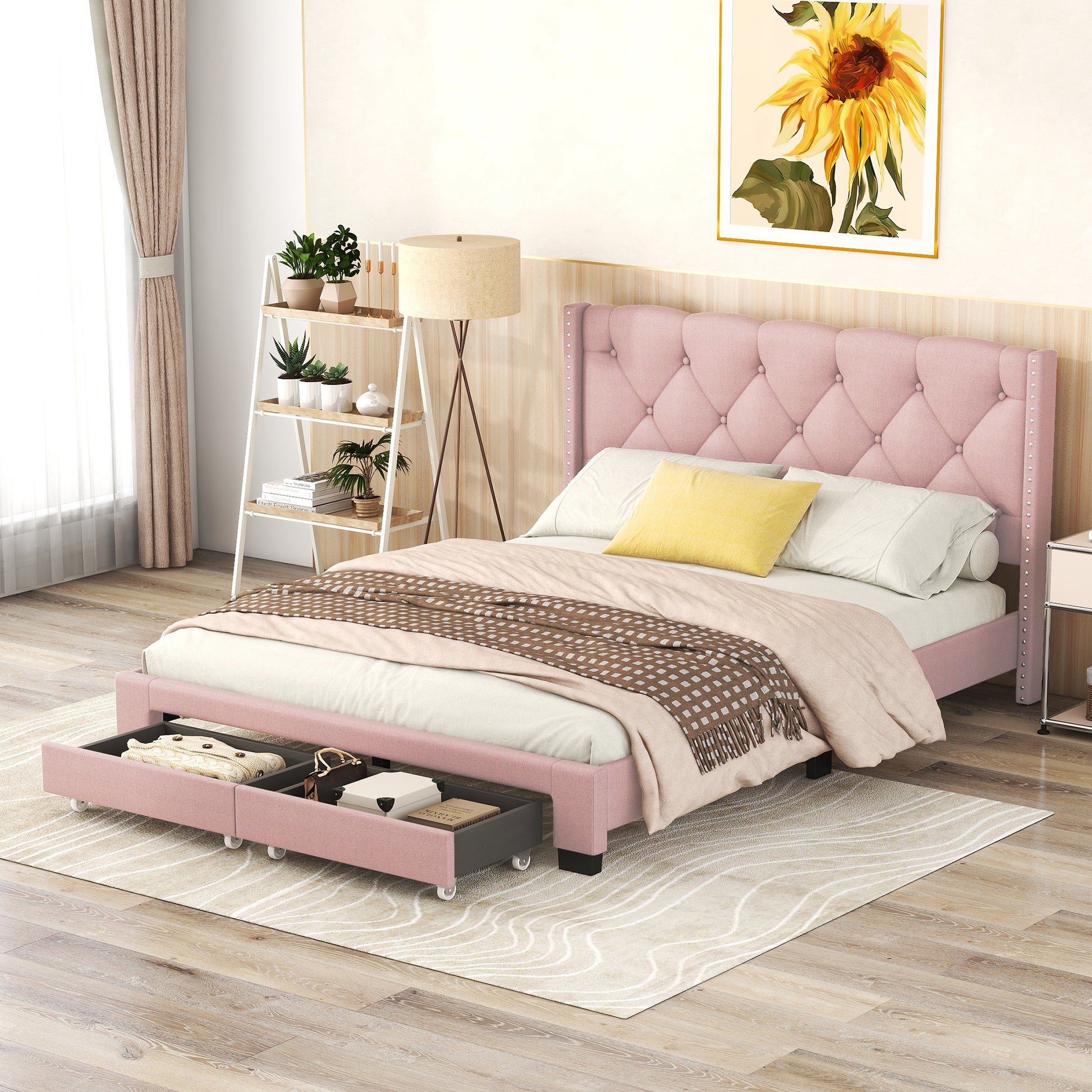 Queen Size Storage Bed Linen Upholstered Platform Bed With Two Drawers Pink Queen Pink Upholstered