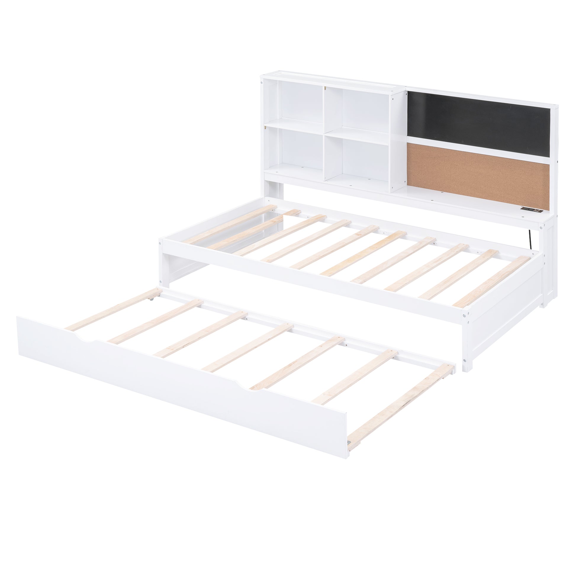 Twin Size Daybed With Storage Shelves, Blackboard, Cork Board, Usb Ports And Twin Size Trundle, White Box Spring Not Required Twin White Wood Pine Daybeds Solid Wood Mdf