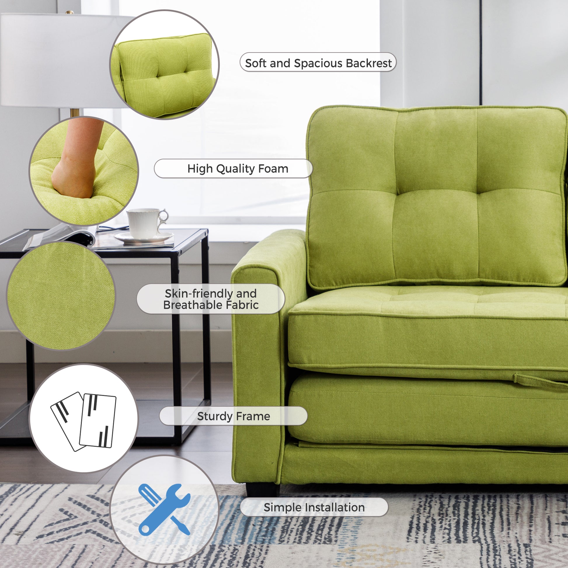 59.4" Loveseat Sofa With Pull Out Bed Modern Upholstered Couch With Side Pocket For Living Room Office, Green Green Chenille