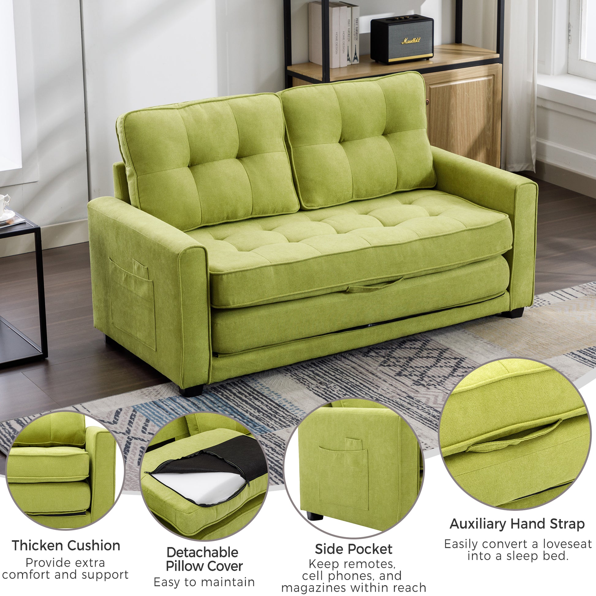 59.4" Loveseat Sofa With Pull Out Bed Modern Upholstered Couch With Side Pocket For Living Room Office, Green Green Chenille