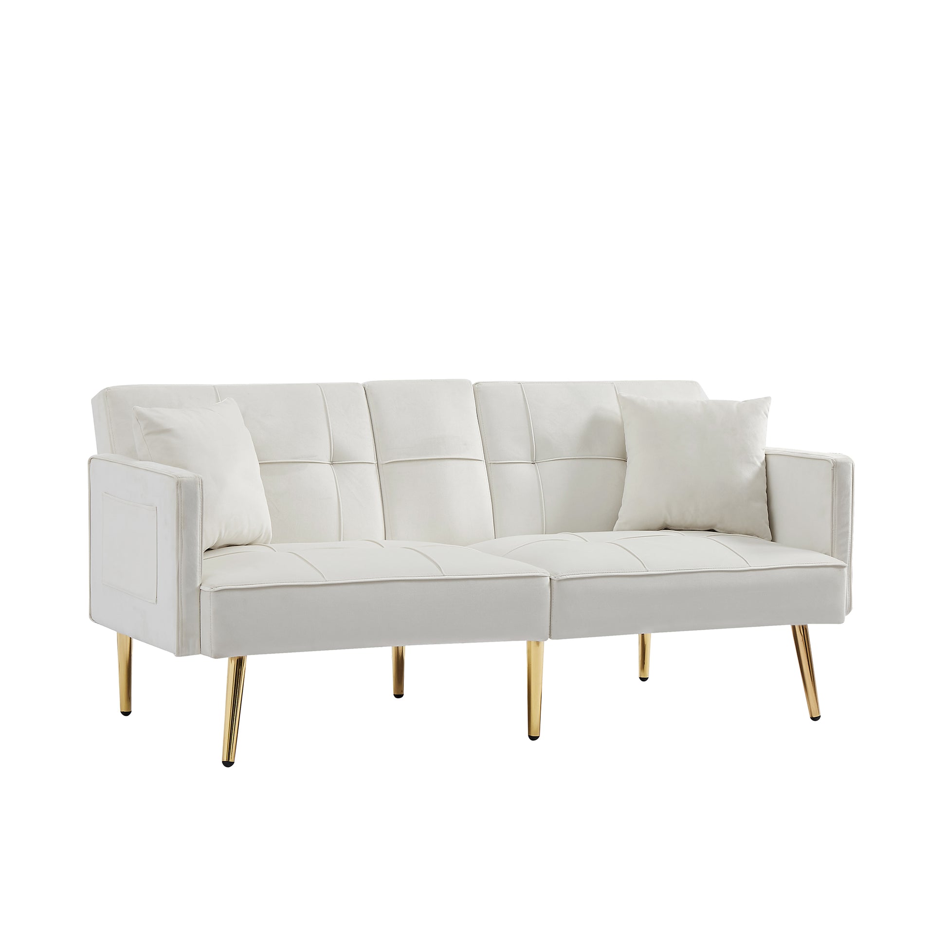 Cream White Velvet Futon Sofa Bed With Gold Metal Legs Cream White Velvet Wood Tufted Back Eucalyptus Square Arms Foam Velvet 2 Seat