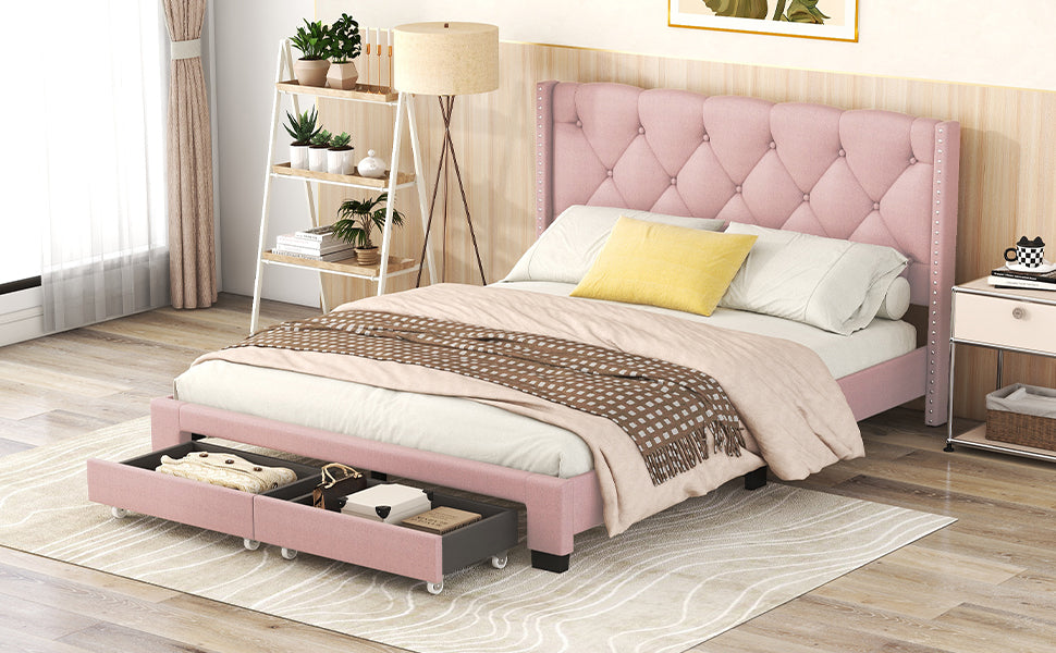 Queen Size Storage Bed Linen Upholstered Platform Bed With Two Drawers Pink Queen Pink Upholstered
