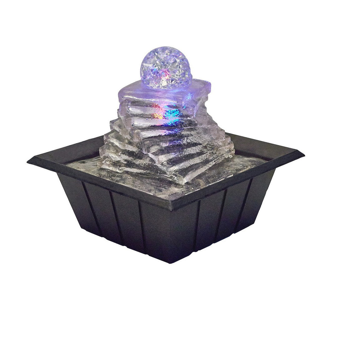 8" Tall Polyresin Indoor Fountain, Led Light And 1L Capacity, Spiral Ice Design Clear Polyresin